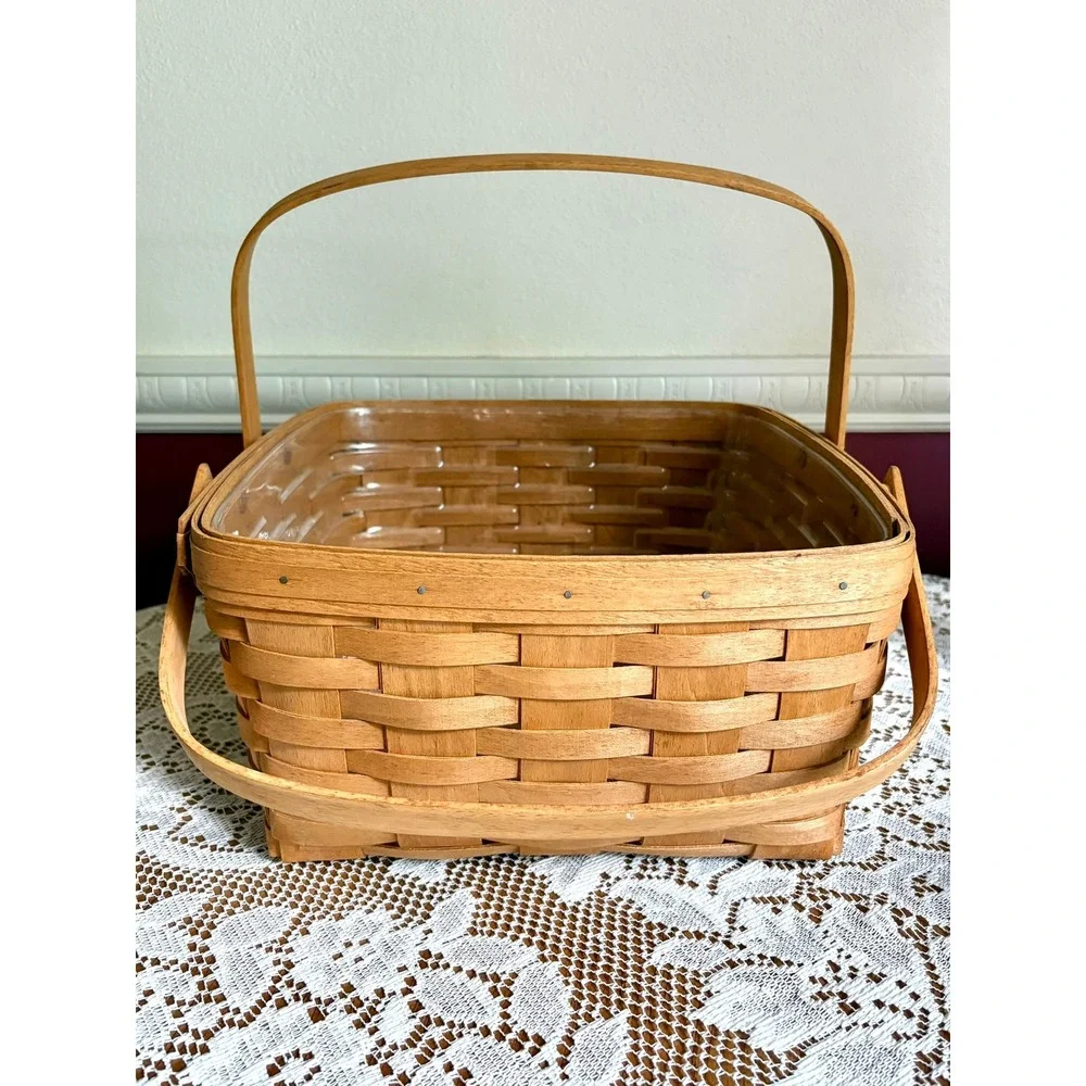Longaberger 1992 Handwoven Square Cake Basket Dual Handle Liner USA Made 12x12x6